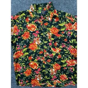 Roundy Bay Shirt Mens Large Black Rose Floral Hawaiian Button Down Rayon VTG‎